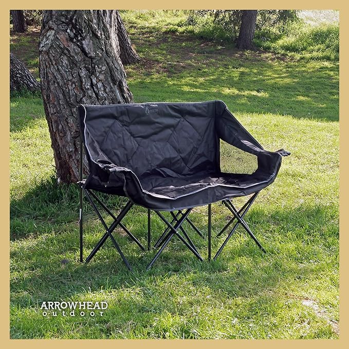 ARROWHEAD OUTDOOR Portable Folding Double Duo Camping Chair Loveseat w/ 2 Cup & Wine Glass Holder, Carrying Bag, Supports up to 500lbs