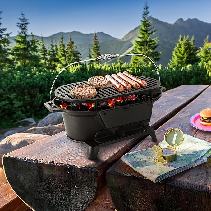 Megachef Oval Cast Iron Portable Hibachi Grill for Outdoor Use and Camping in Black