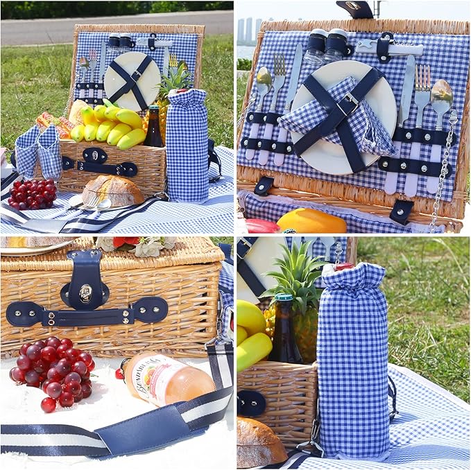 Picnic Basket for 2 with Blanket, Willow Picnic Basket Set with Shoulder Strap&Wine Pouch, Large Willow Hamper with Insulated Cooler for Outdoor, Camping, Beach, Couples, Wedding Gift