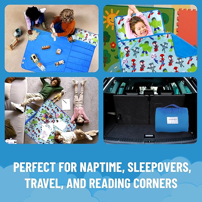 Jay Franco Kids Nap Mat with Embedded Pillow & Blanket – Soft 46"x20" Microfiber Sleeping Bag with Name Tag & Handle for School, Travel, Sleepover