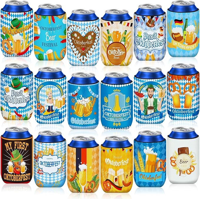 Oktoberfest Can Cooler Sleeves, 18pcs Oktoberfest 12 oz Cold Drinks Bavarian Style Beer Drink Can Bottle Cooler Sleeves for Oktoberfest Party Favors Decorations Supplies