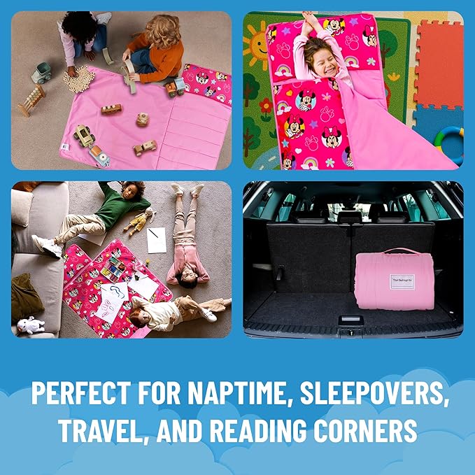Jay Franco Kids Nap Mat with Embedded Pillow & Blanket – Soft 46"x20" Microfiber Sleeping Bag with Name Tag & Handle for School, Travel, Sleepover
