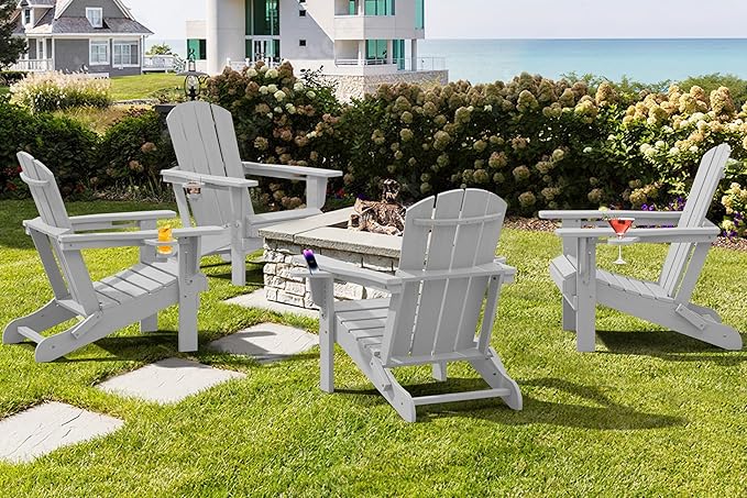 SERWALL Adirondack Chair with Cup Holders - Composite Adirondack Chairs HDPE Outdoor Chairs All Weather Use- Silver Gray