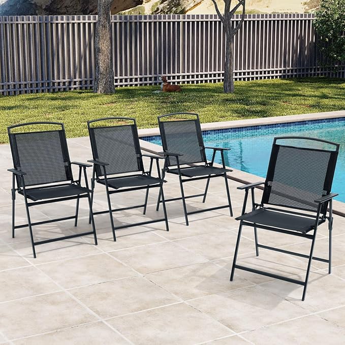 Crestlive Products Patio Folding Chairs Set of 4, Foldable Outdoor Chairs with Durable Rust-Resistant Frame and Breathable Textilene Material for Outside, Black