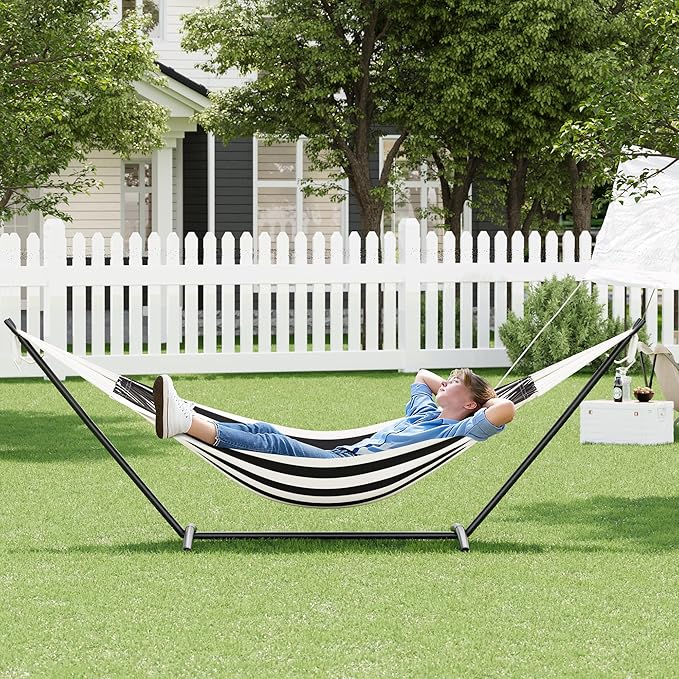 Double Hammock with Stand - Heavy Duty 450lbs Capacity, Portable Cotton Hammock for Two Adults, Indoor & Outdoor Use with Travel Bag, Black&White Stripe Pattern