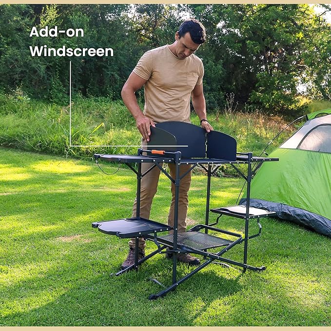 ARROWHEAD OUTDOOR 54" Wide Quick Folding Kitchen Station with Add-on Windscreen, 4 Side Tables, Aluminum Tabletop, Tool-Hanging Cord, 154 LBS Max Weight Load, for Patio BBQ and Camping