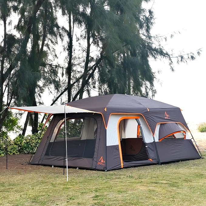 KTT Extra Large Tent 10-12-14 Person(Style-B),Family Cabin Tents,2 Rooms,3 Doors and 3 Windows with Mesh,Straight Wall,Waterproof,Double Layer,Big Tent for Outdoor,Picnic,Camping,Family Gathering