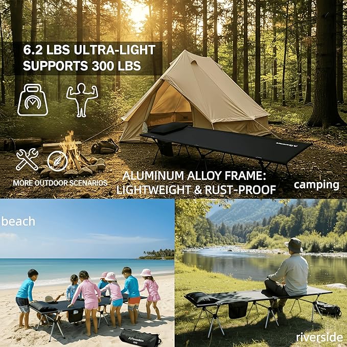 Camping Cot for Adults, Height Adjustable Sleeping Cot, Supports 300 lbs, Lightweight Compact Foldable for Backpacking, Hiking, Travel, Beach, Truck & Office Nap | Flyernature