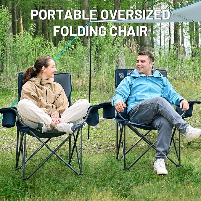 Timber Ridge Oversized Folding Camping Chair for Adults, Support 550 LBS Heavy Duty Chairs with Cup Holder Side Pocket for Camping, Lawn, Picnic, 2 Pack(Navy)