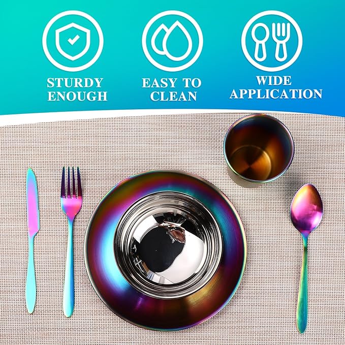 Honeydak 36 Pcs Stainless Steel Utensils Camping Tableware Kit Include Set of 6 Plate Bowl Cups Spoons Forks Knives Flatware Set for Backpacking Camping Hiking and Picnic(Rainbow Color)