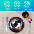 Honeydak 36 Pcs Stainless Steel Utensils Camping Tableware Kit Include Set of 6 Plate Bowl Cups Spoons Forks Knives Flatware Set for Backpacking Camping Hiking and Picnic(Rainbow Color)