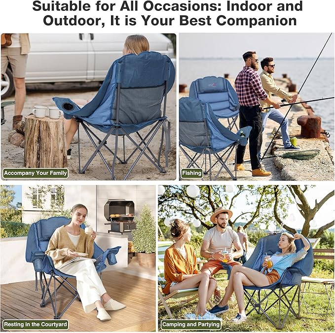 2 Pack Oversized Camping Chair, Portable Folding Padded Camp Chairs with Side Pocket, Cup Holder, Heavy Duty Support 500LBS Outdoor Lounge Chair for Adults, Fishing, Sports, Navy Blue