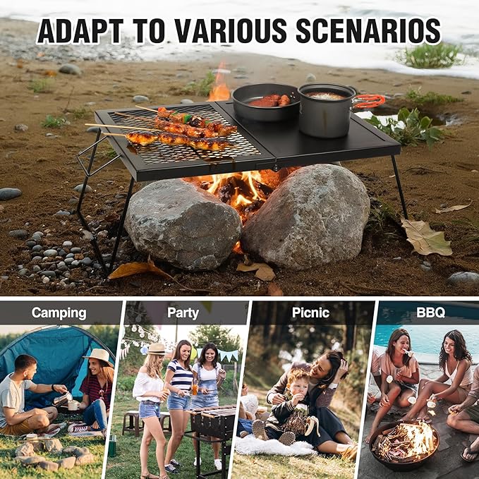 REDCAMP Folding Campfire Grill, Heavy Duty Steel Mesh Grate, 23.6" Portable Camping Grates Over Fire Pit, Campfire Cook Equipment with Legs Carrying Bag, Grilling Rack for Outdoor Open Flame Cooking