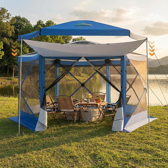 COBIZI 12x12FT Pop Up Gazebo Screen Tent Screen House for Camping, Screen Room with Mosquito Netting, Hub Tent Instant Screened Canopy with Carrying Bag and Ground Stakes, Blue