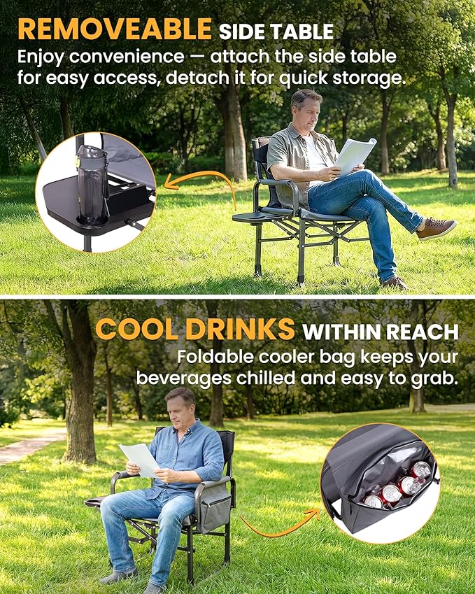 KingCamp XXL Heavy Duty Camping Directors Chair 550lbs Capacity, Extra Wide Oversized Camp Chairs with Side Table & Cooler Bag, Compact Padded Folding Chair for Big and Tall Outdoor Sports Picnic Lawn