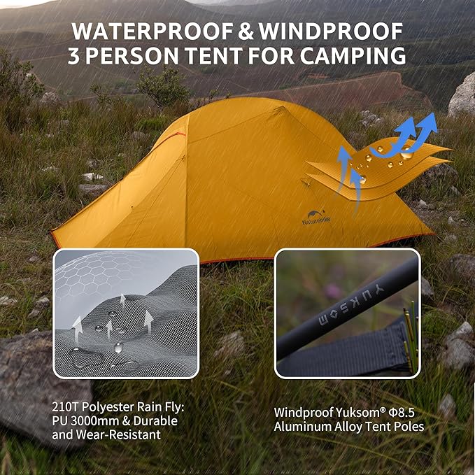 Naturehike Cloud Up 3 Person Backpacking Tent with Footprint - 3 Season Free Standing Lightweight 3 Person Camping Tent | with Footprint, Free Standing, Dome, Camping, Hiking, Waterproof