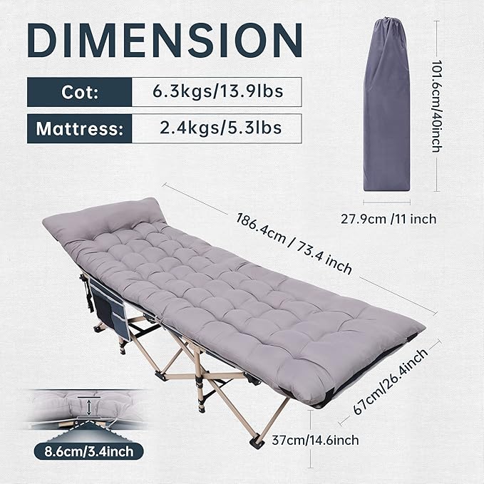Camping Cot, Heated Camping Cot Folding Cot for Adults with Heated Mattress, Folding Bed, Carry Bag, Pillow & Side Mesh Holders Holds Weights Up to 500Lbs (Set of 2 Grey)