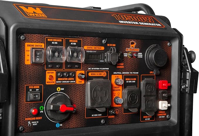 WEN 10,500-Watt 120V/240V Tri-Fuel Inverter Generator with Quiet 457cc Engine, Electric Start, Wheel Kit, and CO Watchdog, Gas, Propane, and Natural Gas Powered (TF1050iX)