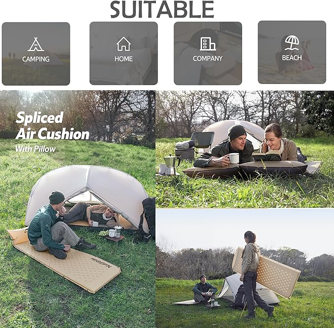 Naturehike Self-Inflating Single Spliced Camping Air Cushion, Ultralight Sleeping Pad with Pillow, Compact Inflatable Portable Sleeping Mat for Backpacking Hiking Car Traveling Beach Tent (Blue)