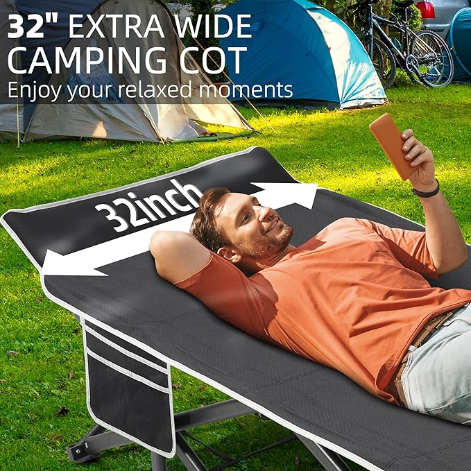 Portable Camping Cot, 32" Extra Wide Camping Cots for Adults with Thick Mattress, Heavy Duty Sleeping Cot Holds Up to 600LBS, Cots for Sleeping, Rv, Beach, Patio, Office Naps 2Pcs (Grey)