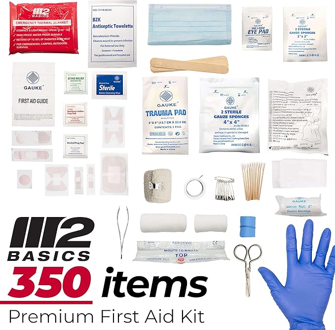 M2 BASICS Professional 350 Piece First Aid Kit, Wall Mountable Dual Layer Hard Case for Business, Home, Car, Vehicle & Work