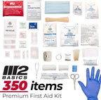 M2 BASICS Professional 350 Piece First Aid Kit, Wall Mountable Dual Layer Hard Case for Business, Home, Car, Vehicle & Work