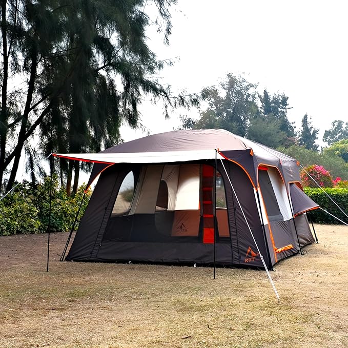 KTT Extra Large Tent 10-12-14 Person(A),Family Cabin Tents,2 Rooms,3 Doors and 3 Windows with Mesh,Straight Wall,Waterproof,Double Layer,Big Tent for Outdoor,Picnic,Camping,Family Gathering