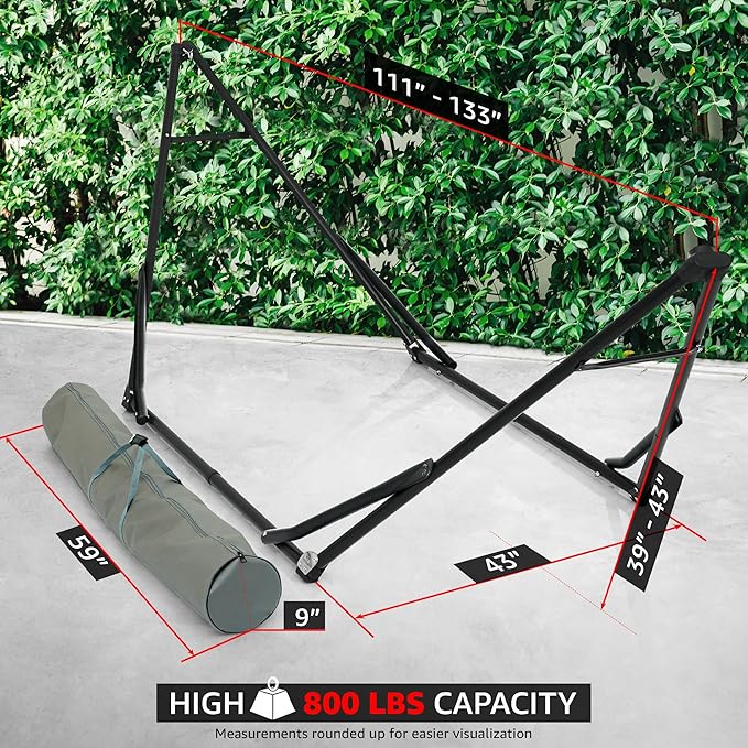 Tranquillo Unity Adjustable Hammock Stand, Collapsible Camping Hammock and Stand, 800 lbs Capacity Steel Double Hammock Stand for 2 Persons, Steel Frame - Black