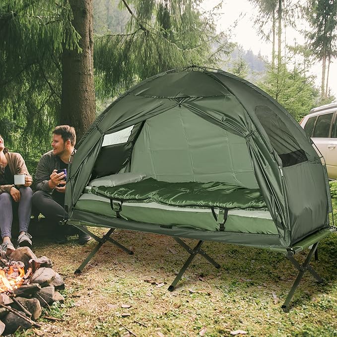 2 Person Foldable Camping Cot with Tent, Bedspread and Thick Air Mattress, 4-in-1 Elevated Camping Bed Tent for Outdoor Hiking, Picnic, Travel