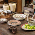 Paseo Road Aztec Bear 14 Piece Melamine Plastic Rustic Dinnerware Set, Brown Red Cream Green Bear Pine Tree Geometric Print, Cabin Lodge Southwestern Dish Set with Plates, Bowls