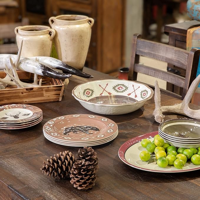 Paseo Road Aztec Bear 14 Piece Melamine Plastic Rustic Dinnerware Set, Brown Red Cream Green Bear Pine Tree Geometric Print, Cabin Lodge Southwestern Dish Set with Plates, Bowls