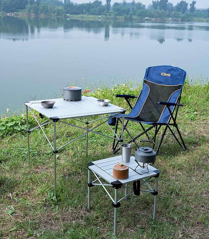 iClimb Lightweight Stable Alu. Folding Square Table Roll Up Top with Carry Bag for Camping Picnic Backyards BBQ Camp Kitchen (Silver, L)
