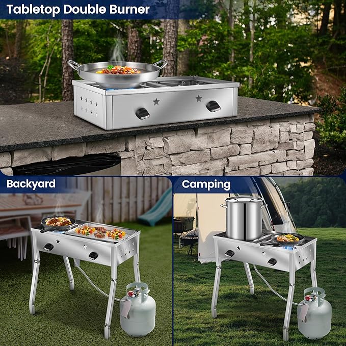 ARC Double Burner Propane Stove, Stainless Steel Camping Stove with 150,000 BTU/H, Easy-Assemble, 20PSI Regulator and Hose, Ideal for Outdoor Cooking,Camping and Gatherings (Stainless Steel)