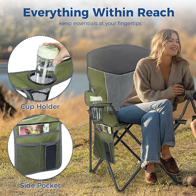Outdoor Camping Chair 2-Pack with Mesh Back, Folding Portable Lawn Chairs with Cup Holder & Side Storage Pocket for Camping, Beach, Picnic, Fishing(Green)