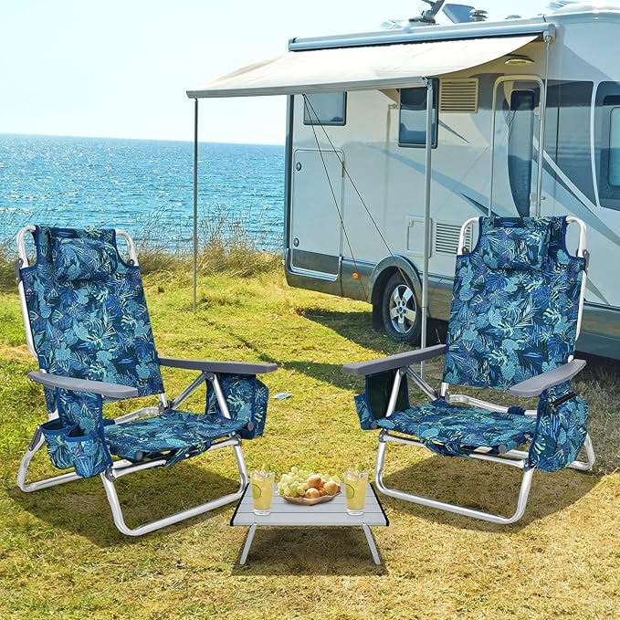 Tangkula 2 Pack with Table Beach Chairs, 5-Position Adjustable, Lightweight Folding, Navy