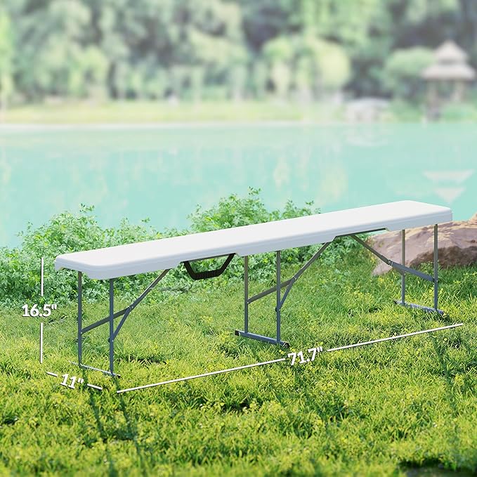 Outsunny 2-Pack 6 Ft. Plastic Folding Benches, Portable Foldable Bench Seats with Carrying Handle, Non-Slip Mat, HDPE Tabletop, Picnic Benches for Camping Dining Picnic BBQ Sports, White