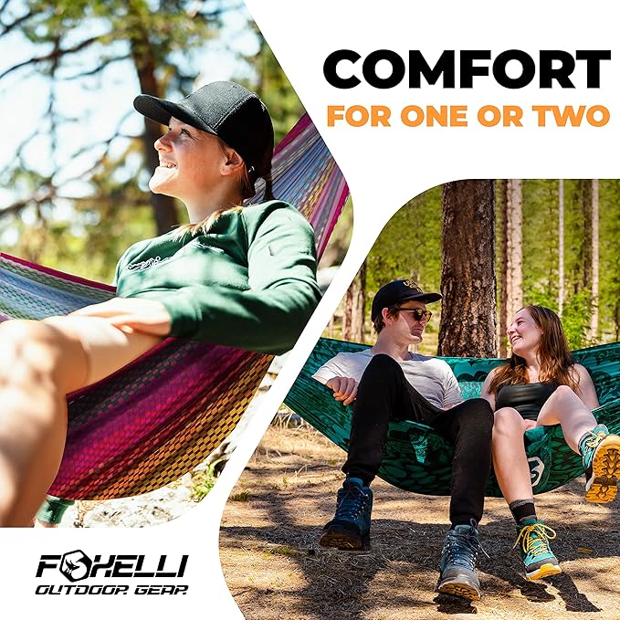Foxelli Camping Hammock – Ultralight Hammock for Backpacking, Hiking, Festivals, Travel - Easy Setup with Tree-Friendly Ropes & Steel Carabiners, Heavy Duty Parachute Nylon