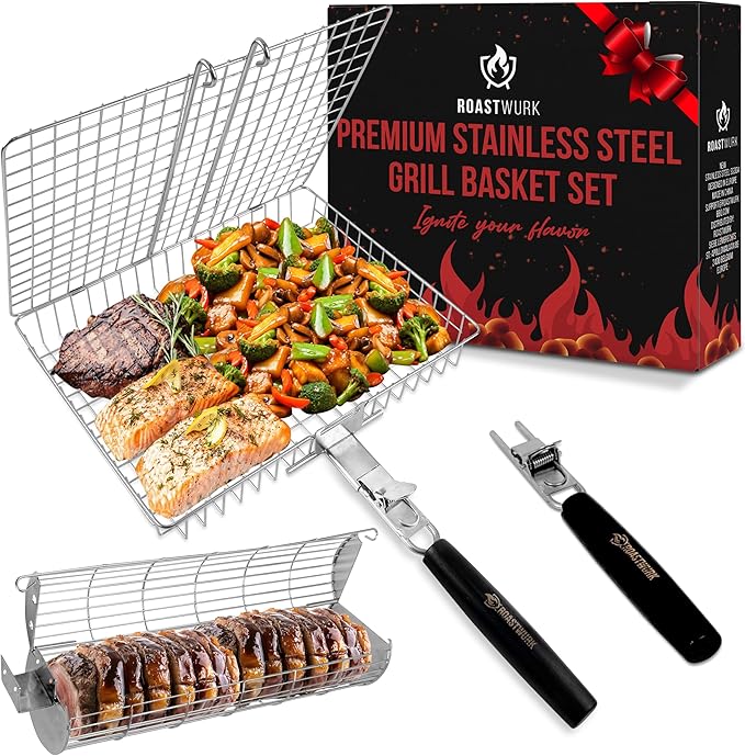 ROASTWURK's Bbq Grill Basket Set For Meat Fish Vegetables Stainless Steel 304 Barbecue Bbq Grilling Accessories Gifts For Men, Removable Wooden Handle Tool Shrimp Outdoor Cooking Camping Tailgating