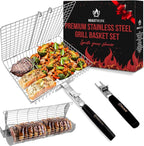 ROASTWURK's Bbq Grill Basket Set For Meat Fish Vegetables Stainless Steel 304 Barbecue Bbq Grilling Accessories Gifts For Men, Removable Wooden Handle Tool Shrimp Outdoor Cooking Camping Tailgating