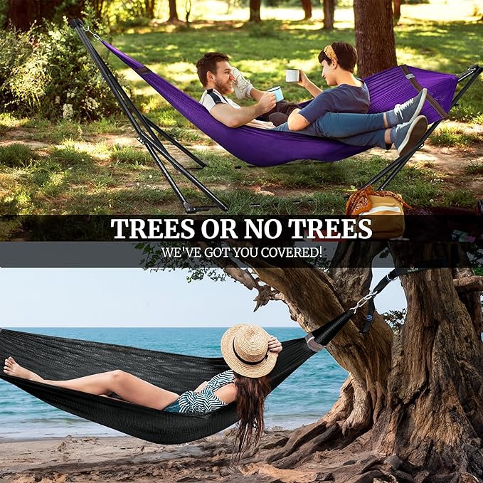 Tranquillo Combo x2 Hammocks with Stand for Outside & Tree Straps, Heavy Duty Hammock with Stand 600lbs for Indoor Outdoor Patio Backyard, x2 Hammocks for 2 Person (Combo - Purple, Medium)