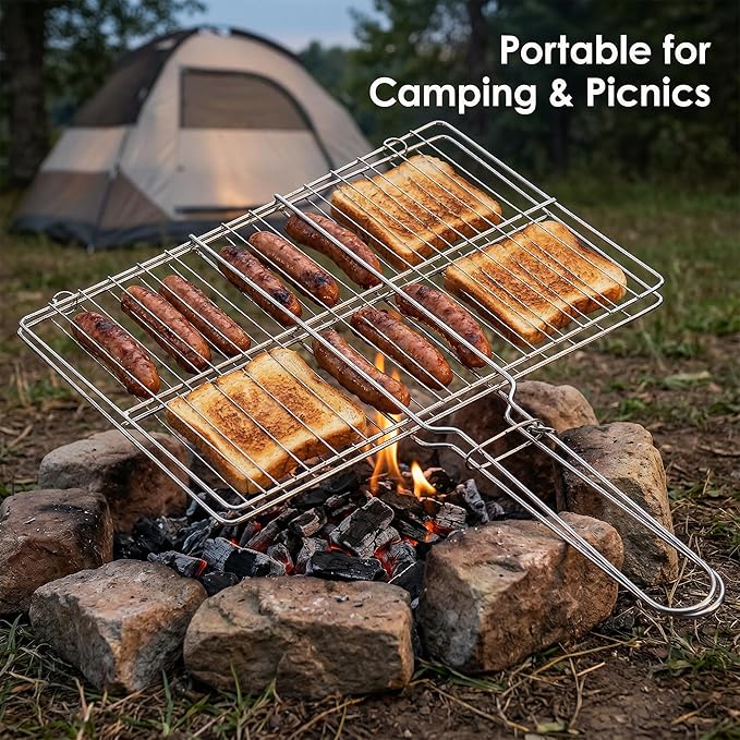 Stainless Steel Fish Grill Basket for Outdoor BBQ, Heavy Duty Lockable Grilling Rack for Fish Vegetables Steak Veggies Shrimp Meat, Portable Campfire Cooking Mesh Grate Tool, 12 x 8 Inch