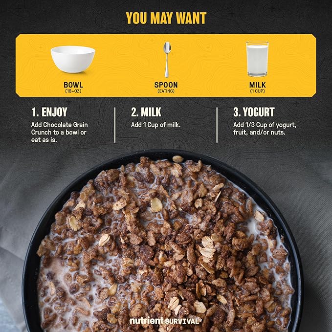 Nutrient Survival MRE Cereal, Chocolate Grain Crunch (12 Servings) Freeze Dried Prepper Supplies & Emergency Food Supply, Dairy & Gluten Free, Shelf Stable Up to 25 Years, One Can