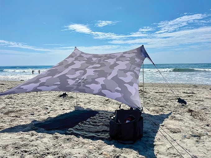 Neso Portable Beach Tent Sun Shelter with Sand Anchor - Lightweight Beach Shade Canopy - Easy Setup for Family Outings - Patented Reinforced Corners - UPF 50+ Sun Protection - 7 x 7ft - Grey Camo