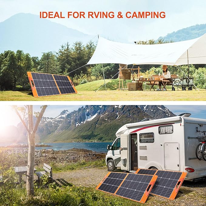 Solar Panels 100Watt Portable 24% High-Efficiency 18V Foldable Solar Charger with USB Outputs for Power Stations, Phones, IP65 Waterproof Perfect for Camping, RVing, Home Backup and Off-Grid Blackouts