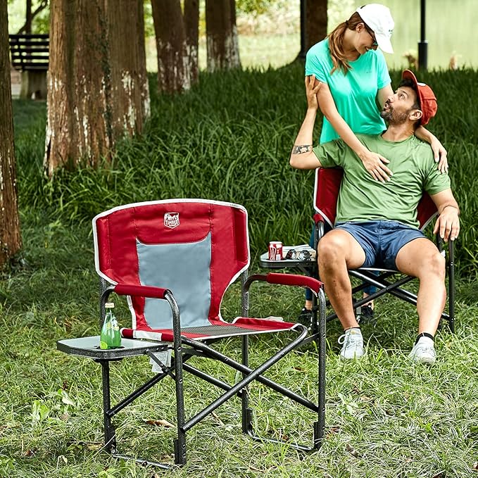 TIMBER RIDGE Lightweight Oversized Camping Chair, Aluminum Directors Chair with Side Table for Outdoor Camping, Lawn, Picnic and Fishing, Supports 400lbs, Red 2PCS