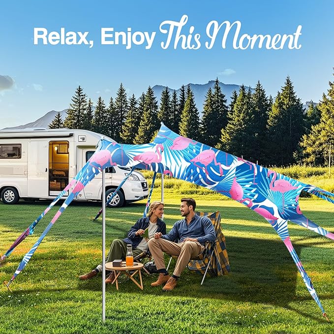 Rhino Valley Beach Tent Shade Canopy UPF50+ Protection, 8 Sandbags, 4 Stability Poles, Outdoor Sun Shelter Umbrella for Sand, Camping, Fishing Essentials