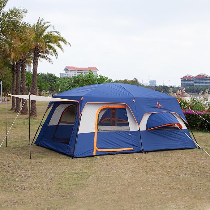 KTT Extra Large Tent 10-12-14 Person(A),Family Cabin Tents,2 Rooms,3 Doors and 3 Windows with Mesh,Straight Wall,Waterproof,Double Layer,Big Tent for Outdoor,Picnic,Camping,Family Gathering