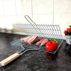 Hakan Grill Basket 11.8 x 15.8-inch for Outdoor Grill, Barbecue Basket for Fish, Steak, Chicken, Vegetables, Shish Kabob and Shrimp, Large Lockable Basket with Wooden Handle, Stainless Steel, BBQ
