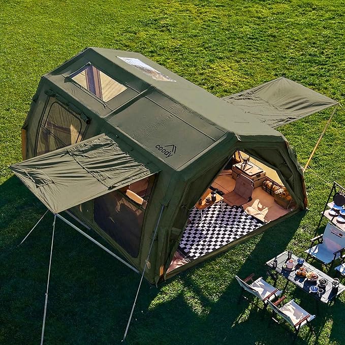 Coody Inflatable Canvas Camping Tents with Stove Jack – Premium Air Beam Family Glamping Tent, Breathable Cotton Canvas, Fast Setup Air Tent with Pump