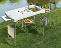 42.5" Fish Cleaning Table with Dual Sink, Portable Folding Camping Table with Foldable Extension Stand, Faucet, Sprayer, Grid Rack, Hose Hook Up & Knife Groove, Outdoor Sink Station for Picnic